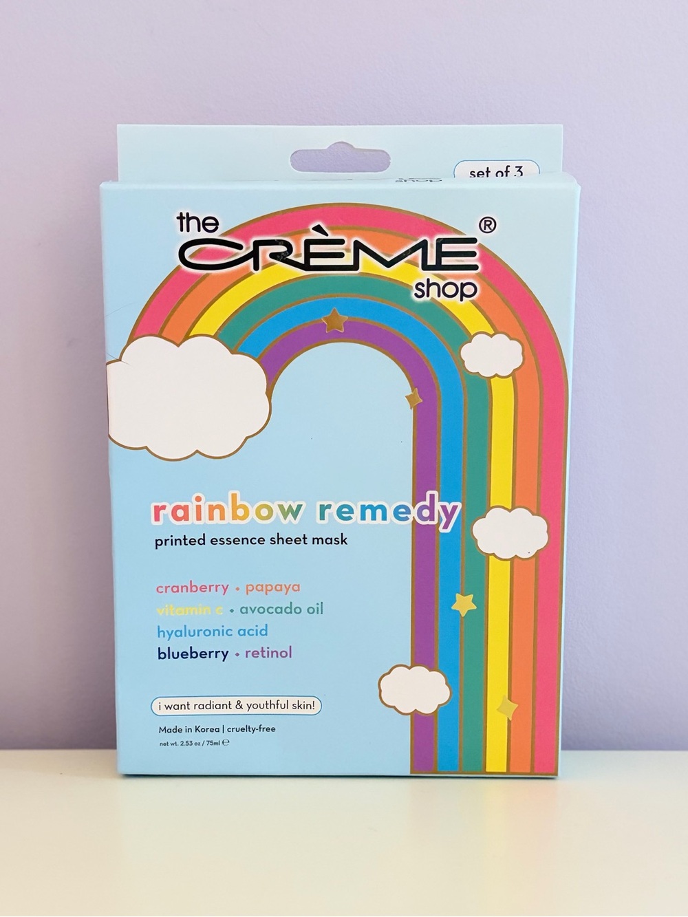 NEW The Crème Shop Set of 3 Rainbow Remedy Printed Essence Sheet Mask Face Masks